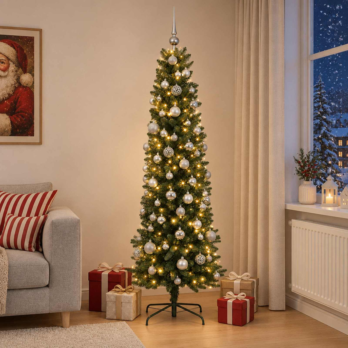 vidaXL Smalle kunstkerstboom met kerstballen 180 cm 300 LED's Warmwit