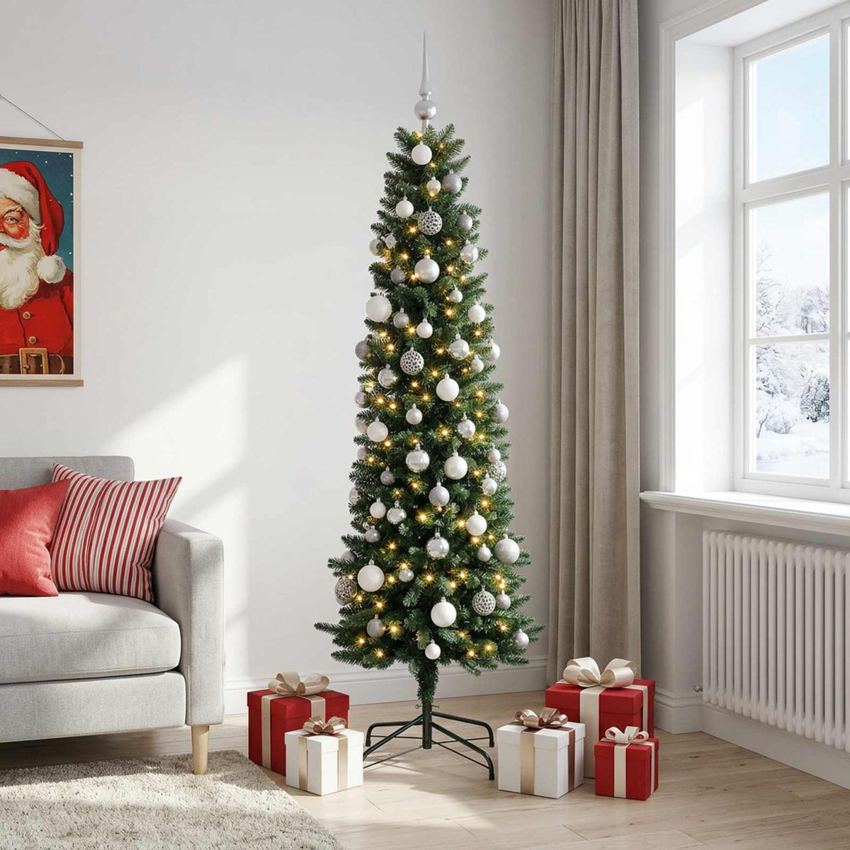 Smalle kunstkerstboom met kerstballen 210 cm 300 LED's Warmwit is nu te koop bij PeponiXL, paradijselijk wonen!