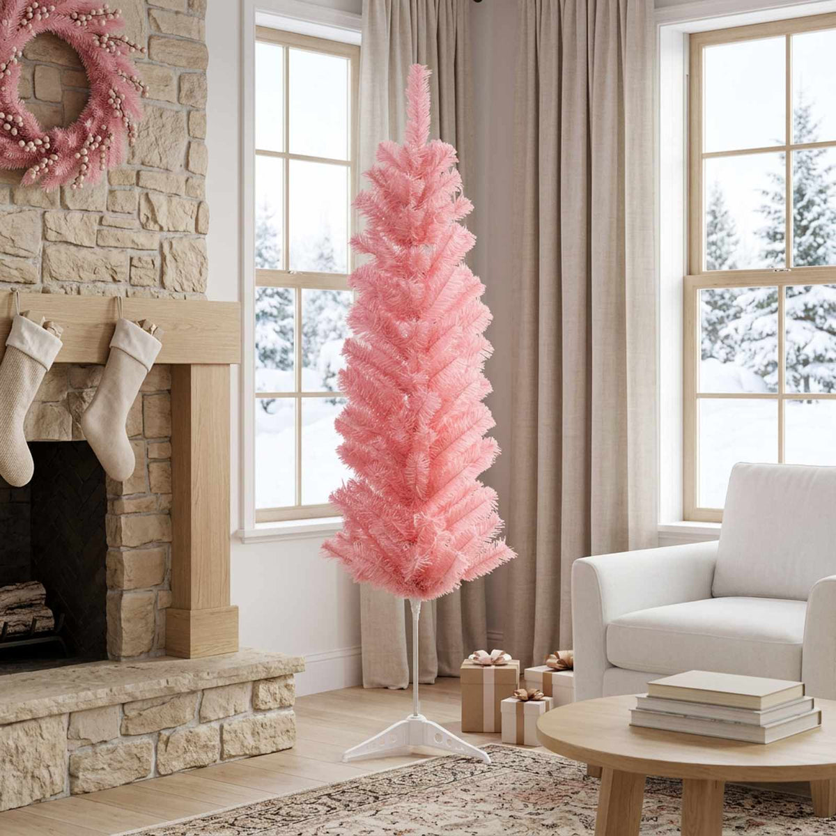 Kunstmatige slanke kerstboom 120 cm PVC en staal Roze is nu te koop bij PeponiXL, paradijselijk wonen!