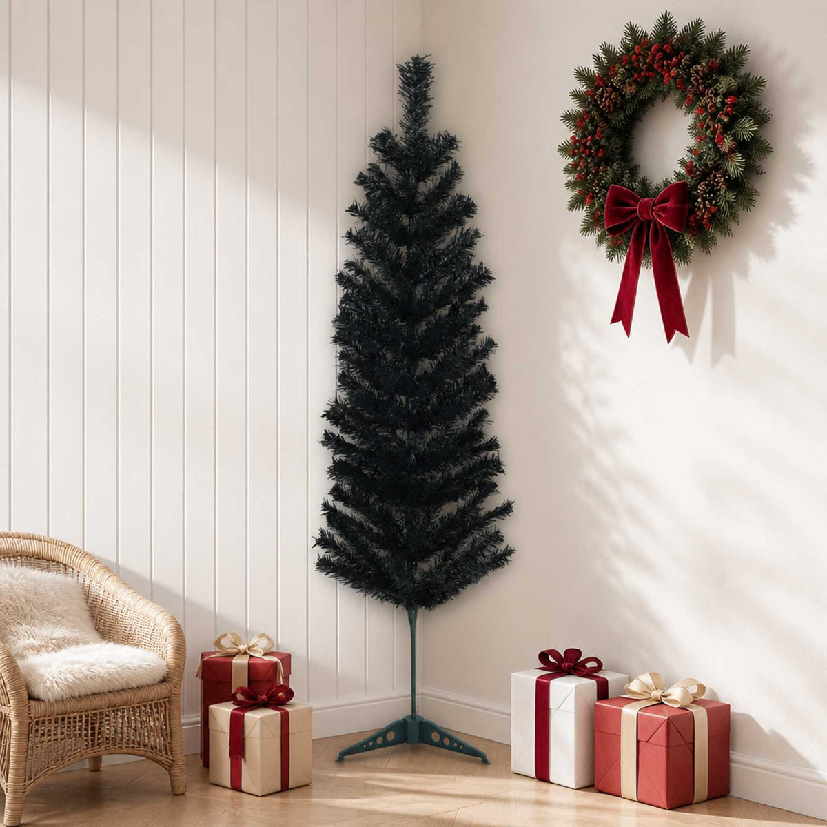 vidaXL Kunstmatige slanke kerstboom 150 cm PVC en staal Zwart