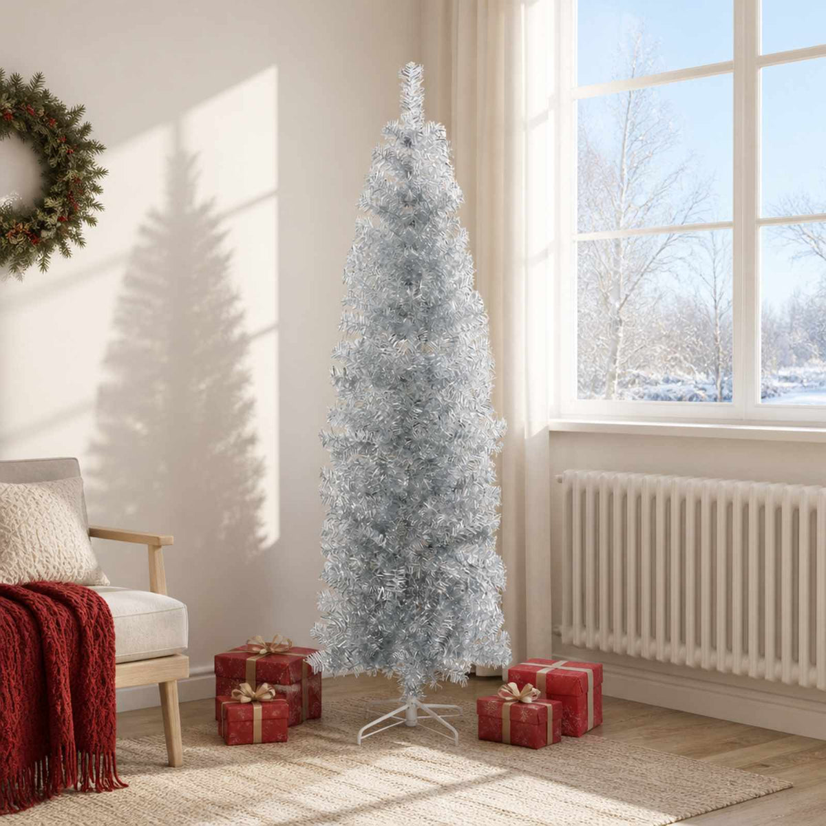 vidaXL Kunstmatige slanke kerstboom 180 cm PVC en staal zilver