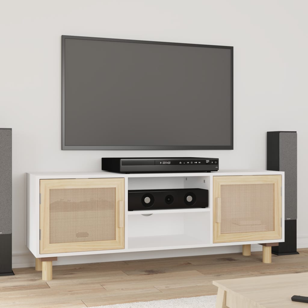 Tv-meubel 105x30x40 cm massief grenenhout en rattan wit is nu te koop bij PeponiXL, paradijselijk wonen!